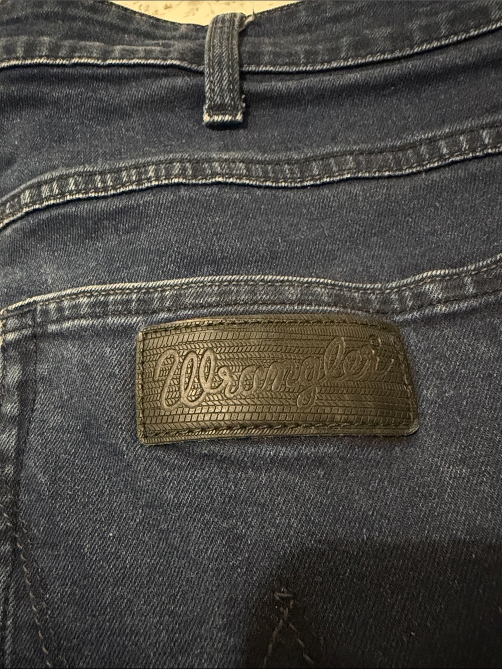 Wrangler Slim Straight Jeans in Navy Blue Denim with Leather Patch